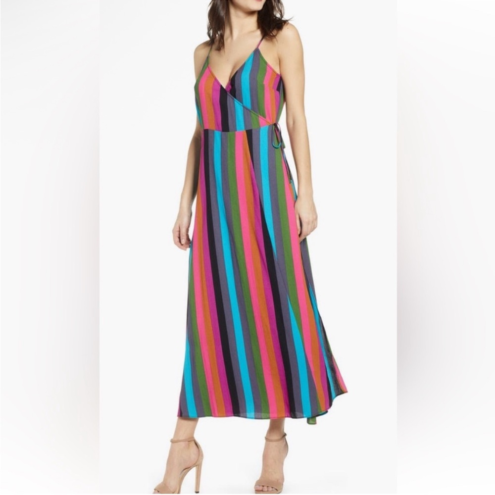 LEITH Striped V-Neck Maxi Wrap Dress